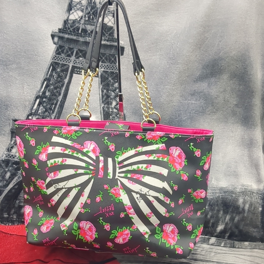Betsey Johnson Floral Bow Tote Bag - Black and Pink